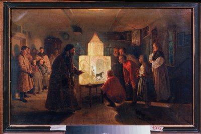الفانوس السحري في منزل فلاح - رسم ليف غريغوريفيتش سولوفيف (1837-1919) ، زيت على قماش بواسطة ليف جريجوريفيتش سولوفييف
