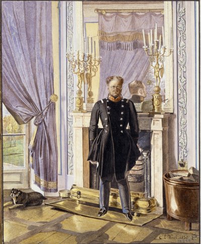 صورة لدوق روسيا الأكبر كونستانتين بافلوفيتش (1779-1831) أمام المدفأة. (صورة لدوق روسيا الأكبر قسطنطين بافلوفيتش عند المدفأة). عمل ليف إيفانوفيتش كيل (؟ -1851) ، ألوان مائية على ورق بواسطة ليف إيفانوفيتش كيل