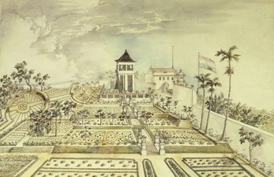 Dutch house with enclosed garden in Java Island, Indonesia, engraving بواسطة غير معروف غير معروف
