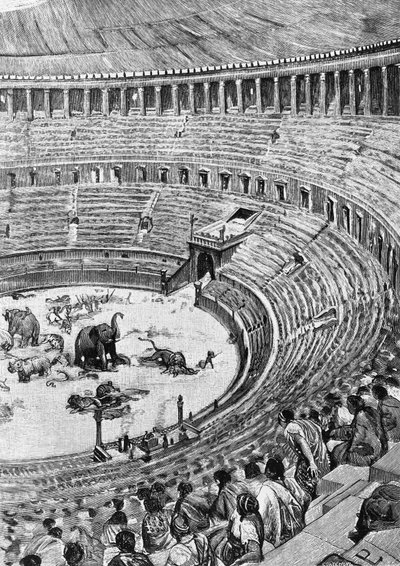 Inauguration of the Flavian Amphitheatre, known as the Colosseum, in Rome in 80 AD, with the audience watching animal combat, illustration from History of Rome, by Francesco Bertolini (1836-1909), Treves, Milan بواسطة غير معروف غير معروف