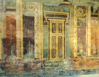 Italy, Campania, Oplonti, archaeological area of Torre Annunziata, Roman Villa Poppaea, Great Hall, Fresco with columns in Second Pompeian Style بواسطة غير معروف غير معروف