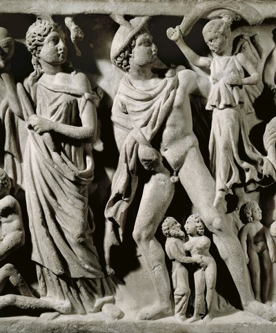 Marble sarcophagus, Relief depicting Prometheus myth, Detail, Hermes and one of the Parcae or Fates, From Arles بواسطة غير معروف غير معروف