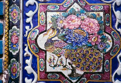 Peacock and flowers, polychrome tile decoration in Tekyeh Mo