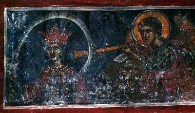Saint playing the horn, fresco in the Church of Agios Ioannis Prodromos, Margarites, Crete, Greece (photo) بواسطة غير معروف غير معروف