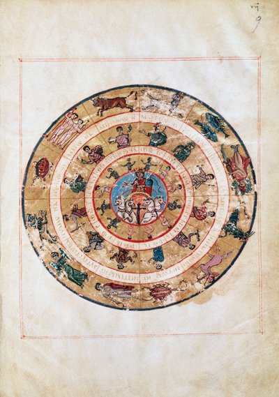 The Sun chariot and the signs of the Zodiac, miniature from an early Middle Ages manuscript, astronomical table by Ptolemy (ca 100-175), Hellenistic civilization بواسطة غير معروف غير معروف
