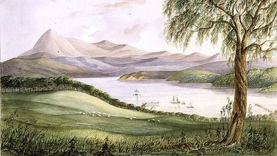 خليج مزدوج ، نيو ساوث ويلز ، حوالي عام 1860 (ألوان مائية) بواسطة الملازم جورج أوستن وودز