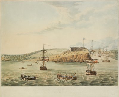 الهجوم على فورت أوسويغو ، بحيرة أونتاريو ، أمريكا الشمالية. 6 مايو 1814 ، الظهيرة ، وحصن العاصفة أوسويغو من قبل الكتيبة الثانية من مشاة البحرية الملكية وحفلة من البحارة ، على بعد 15 مترًا من الثانية عشر ظهراً ، نقشها ر. هافيل ، 1815 بواسطة ملازم ج. هيويت
