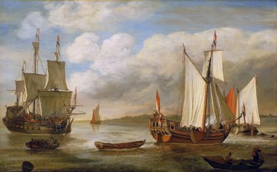مجموعة متنوعة من القوارب الهولندية: المراكب الشراعية والسفن والصنادل. لوحة زيتية على قماش للفنانة ليف بيترز فيرشوير (1630-1686). بواسطة Lieve Verschuier