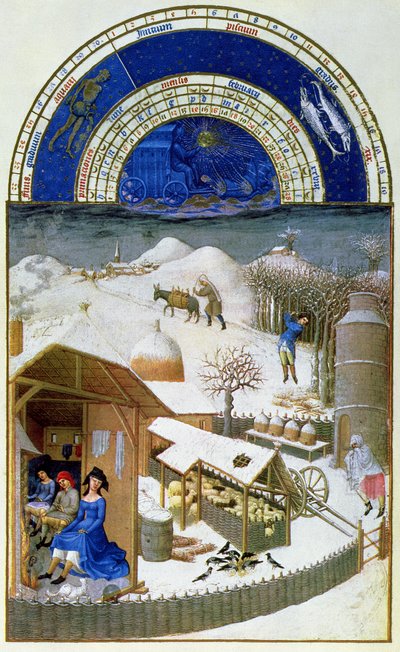 الفاكس لشهر فبراير: مشهد ساحة الفلاحين مع الفلاحين ، تم نسخه من "من" Tres Riches Heures du Duc de Berry "(للأصل انظر 8434) بواسطة ليمبورغ اخوان