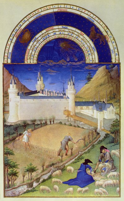 Fascimile of July: الحصاد وتربية الأغنام ، من "Tres Riches Heures du Duc de Berry" (للأصل ، انظر ٨٤٣٩) بواسطة ليمبورغ اخوان