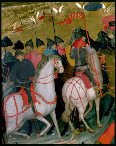 جنود راكبون ، تفاصيل من مذبح العذراء والقديس جورج ، حوالي 1390-1400 (تمبرا على اللوحة) بواسطة لويس Borrassà
