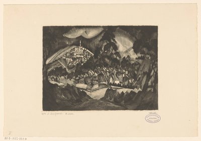 منظر التلال مع الأشجار والمباني Le Soir (العنوان الأصلي على الكائن) بواسطة لوديويجك شلفهوت (توقيع الفنان)