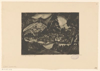 منظر التلال مع الأشجار والمباني Le Soir (العنوان الأصلي على الكائن) بواسطة لوديويجك شلفهوت (توقيع الفنان)