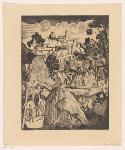هيل المناظر الطبيعية مع الصياد Paysage romantique (العنوان الأصلي) بواسطة لوديويجك شلفهوت (توقيع الفنان)
