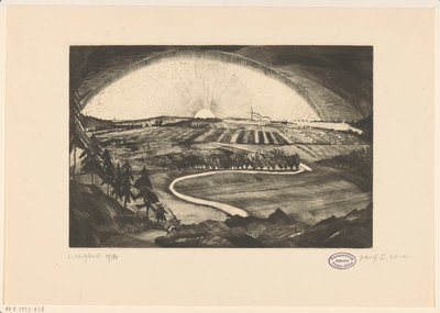 شروق الشمس أو غروبها فوق أرض جبلية La Bruyere (العنوان الأصلي على الكائن) بواسطة لوديويجك شلفهوت (توقيع الفنان)
