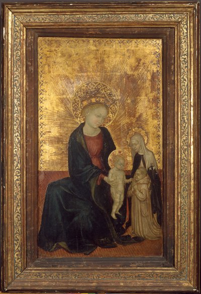 مادونا والطفل مع سانت كاترين من سيينا ومانح كارثوسي ، كاليفورنيا. 1411-24. بواسطة لومبارد إيطالي