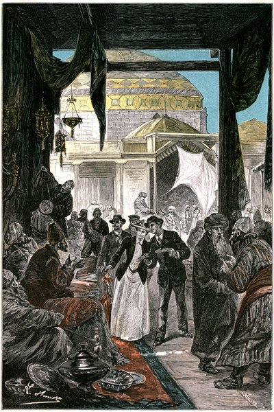 سوق سمرقند (سمرقند الآن أو سمرقند في أوزبكستان)، رسم توضيحي لرواية جول فيرن quot;كلوديوس بومبارناكquot; طبعة هيتزل 1892 - رسم ليون بينيت (هيبوليت ليون بينيت) بواسطة ليون بينيت