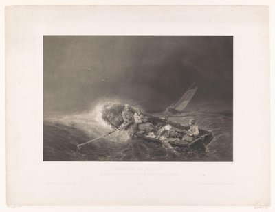 Vissers in een roeiboot op zee البحرية Gezichten (عنوان السلسلة) اللوحات البحرية. طبعت بالحجر في الميزوتنت من قبل L. Sabatier بعد Eug. Isabey (عنوان المسلسل على الكائن) بواسطة ليون جان بابتيست ساباتير