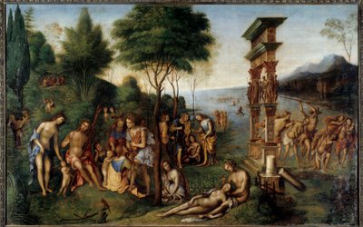 إن نظام Comus Comus ، إله الأعياد المبهجة ، مستمد من "Imagines" لفيلوسترات. على اليسار ، الملذات المسموح بها منفصلة عن الملذات المحرمة. في المقدمة ، قصة حب ديونيسوس والفريجيان نياد نيكايا. الرسم بواسطة L. بواسطة لورنزو كوستا