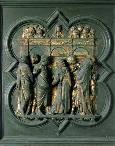 شمال بورت (يسمى Porte de la Croix ، في الشمال) ، التفاصيل الخارجية: "Pentecote" منحوتة برونزية من صنع Lorenzo Ghiberti (1378-1455) بواسطة لورينزو غيبرتي