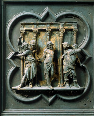 شمال بورت (يُدعى Porte de la Croix ، في الشمال) ، التفاصيل الخارجية: "" la flagellation "" منحوتة برونزية من صنع Lorenzo Ghiberti (1378-1455) بواسطة لورينزو غيبرتي