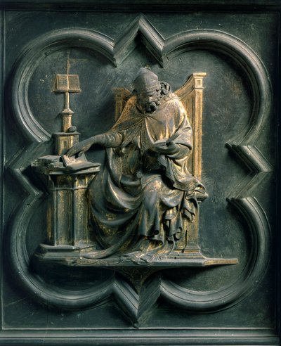 شمال بورت (يسمى Porte de la Croix ، الشمال) ، التفاصيل الخارجية: Saint Ambrose. منحوتة برونزية من صنع لورنزو غيبيرتي (1378-1455) بواسطة لورينزو غيبرتي
