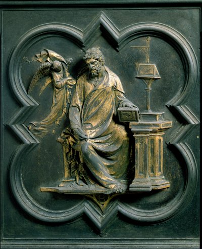 شمال بورت (يسمى Porte de la Croix ، إلى الشمال) ، التفاصيل الخارجية: Saint Mathieu. منحوتة برونزية من صنع لورنزو غيبيرتي (1378-1455) بواسطة لورينزو غيبرتي