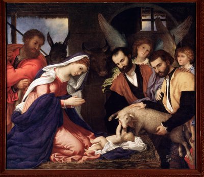 Adoration of the shepherds The child Jesus plays with a sheep - oil on canvas بواسطة لورينزو لوتو