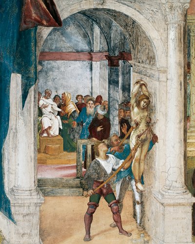 Martyrdom of St Barbara ، تفاصيل من Christ-Vine و Legend of Saint Barbara بقلم Lorenzo Lotto (حوالي 1480-1556) ، لوحة جدارية ، تفاصيل ، Villa Suardi ، Capella Suardi ، Trescore Balneario بواسطة لورينزو لوتو