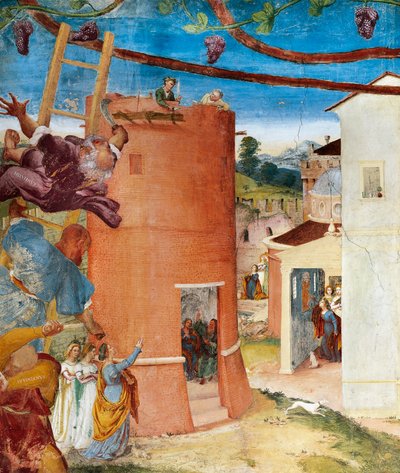 القديسة باربرا في البرج ، تفاصيل من Christ-Vine و Legend of Saint Barbara بواسطة Lorenzo Lotto (حوالي 1480-1556) ، لوحة جدارية ، تفاصيل ، Villa Suardi ، Capella Suardi ، Trescore Balneario بواسطة لورينزو لوتو