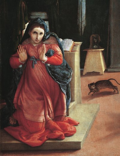 البشارة "" تفاصيل العذراء (البشارة ، تفاصيل العذراء) لوحة لورينزو لوتو (1480-1556) 1535 بيناكوتيكا سيفيكا ، ريكاناتي ، إيطاليا بواسطة لورينزو لوتو