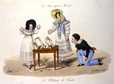 "The Card House" ، لوحة الموضة رقم 108 من "Le Bon Genre" ، نقشها جورج جاك جاتين (1773-1831) أوائل القرن التاسع عشر (نقش ملون) بواسطة لويس ماري (بعد) لانتي