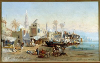 صيادون ومساجد بميناء بولاك في مصر لوحة لأمابل لويس كرابيليت (1822-1867) شمس. 41x64 سم إشارة إلزامية: مجموعة مؤسسة Regards de Provence ، مرسيليا بواسطة لويس أمابل كرابيليت