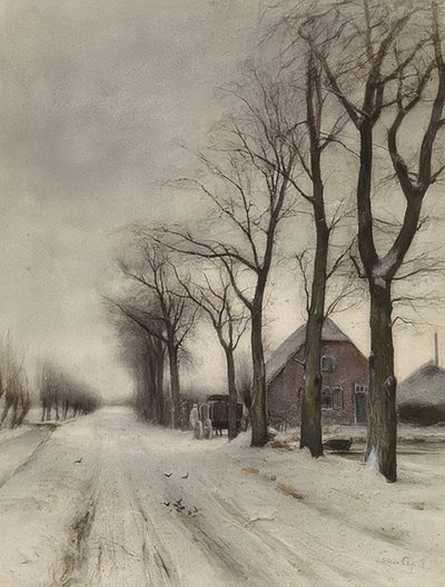 Winterlandschaft mit Bauernhof an einer Allee (منظر طبيعي شتوي مع مزرعة في شارع) بواسطة لويس أبول