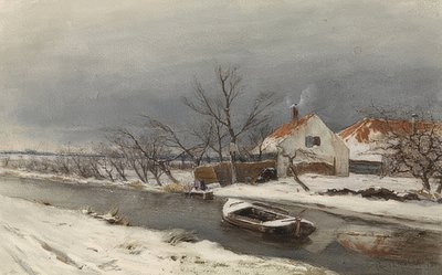 Winterlandschaft mit Häusern und einem Kanal (منظر طبيعي شتوي مع منازل على قناة). 1874 بواسطة لويس أبول