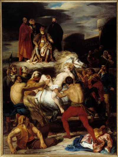 عذاب Mazeppa. مازيبا مرتبط بحصان بري بأمر من الكونت بالاتين ، الذي أهانه. رسم توضيحي لقصيدة اللورد بايرون "Mazeppa". لوحة لويس بولانجر (1806-1867) بواسطة لويس بولانجر