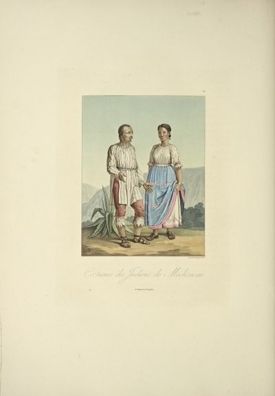 أزياء هنود Mechoacan ، رسم توضيحي من "مناظر كورديليراس وآثار الشعوب الأصلية في أمريكا" بقلم ألكسندر فون هومبولت وأيم بونبلاند بواسطة باقة لويس