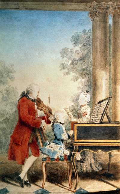 ليوبولد موزارت (1719-1787) وطفلاه ، وولفغانغ أماديوس (1756-1791) وماريا آنا ، المعروفة باسم "نانيرل" (1751-1829) بواسطة لويس كاروجيس كارمونتيل