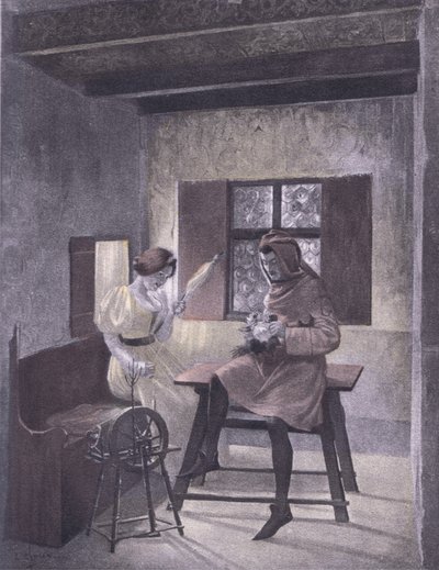 Simona spinning ، رسم توضيحي من Decameron of Boccaccio نشرته Navarre Society 1930 (litho) بواسطة لويس شالون