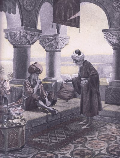 الحلقات الثلاث ، رسم توضيحي من Decameron of Boccaccio نشرته Navarre Society 1930 (litho) بواسطة لويس شالون