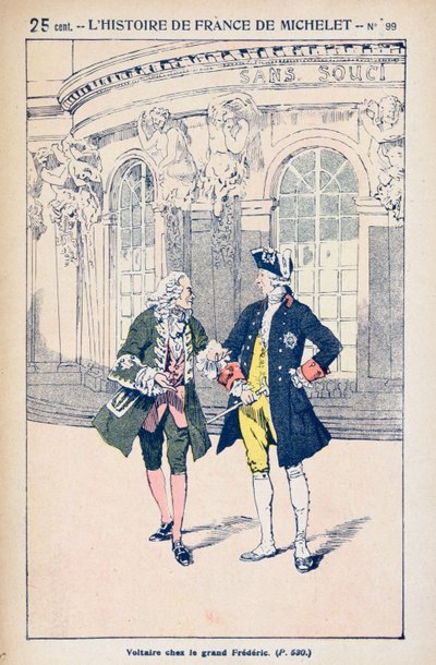 فرانسوا فولتير (1694-1778) مع الملك فريدريك الثاني من بروسيا (1712-86) في سانسوسي بالقرب من بوتسدام ، من "هيستوار دي فرانس" بقلم جول ميشيلت (1798-1874) c.1900 بواسطة تفجير لويس تشارلز