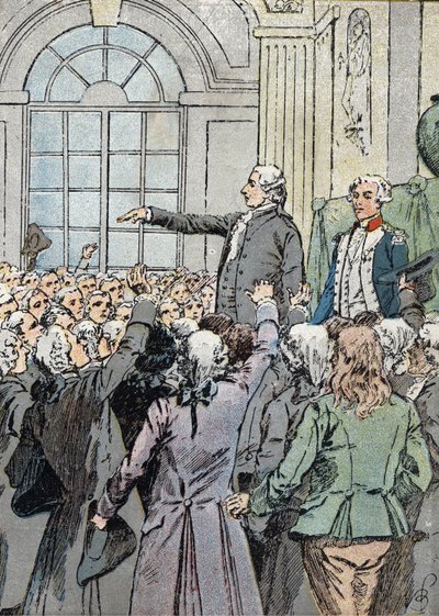 الثورة الفرنسية: "" انتخب النائب جان سيلفان بيلي (1736-1793) عمدة لباريس في 15/7/1789 بحضور لافاييت "(انتخب الزعيم السياسي جان سيلفان بايلي عمدة لباريس في 15 يوليو. 1789) رسم توضيحي من قبل لويس تشارلز ب بواسطة تفجير لويس تشارلز