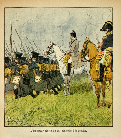 رسم إيضاحي لبومبلد لويس (1862-1927) من كتاب "ذكرى القديسة هيلين" بقلم الكونت إيمانويل دي لاس (1766-1842): الإمبراطور نابليون يفكر في تجنيده أثناء معركة ، مجموعة خاصة بواسطة تفجير لويس تشارلز
