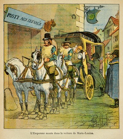 رسم إيضاحي لبومبلد لويس (1862-1927) من كتاب "ذكرى سانت هيلين" للكونت إيمانويل دي لاس كيسس (1766-1842): الإمبراطور نابليون يركب السيارة لمقابلة زوجته ماري لويز في عام 1810 ، مجموعة خاصة بواسطة تفجير لويس تشارلز