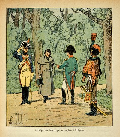 رسم إيضاحي لـ Bombled Louis (1862-1927) من كتاب "The Memorial of Saint Helene" للكونت Emmanuel de Las Cases (1766-1842): يستجوب الإمبراطور نابليون جاسوسًا في Elysee، Private Collection بواسطة تفجير لويس تشارلز