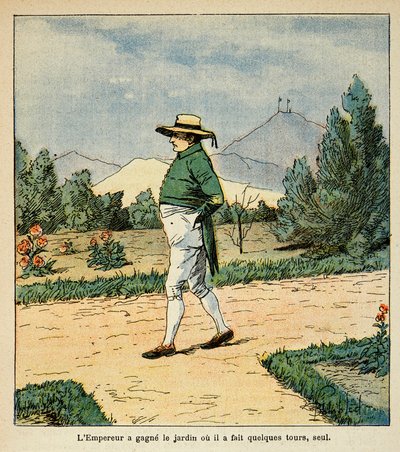 رسم إيضاحي لبومبلد لويس (1862-1927) من كتاب "ذكرى القديسة هيلين" للكونت إيمانويل دي لاس حالات (1766-1842): الإمبراطور نابليون يسير في حديقته في سانت هيلين في سبتمبر 1816 ، مجموعة خاصة بواسطة تفجير لويس تشارلز