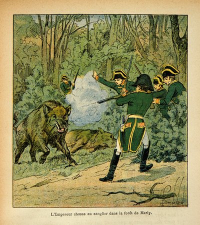 رسم إيضاحي لبومبلد لويس (1862-1927) من كتاب "ذكرى سانت هيلين" للكونت إيمانويل دي لاس كيسس (1766-1842): الإمبراطور نابليون يصطاد الخنزير في غابة مارلي ، مجموعة خاصة بواسطة تفجير لويس تشارلز