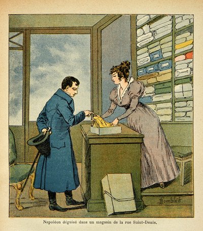 رسم إيضاحي لبومبلد لويس (1862-1927) من كتاب "نصب تذكاري لسانت هيلين" للكونت إيمانويل دي لاس حالات (1766-1842): تنكر الإمبراطور نابليون في متجر بشارع سانت دينيس ، مجموعة خاصة بواسطة تفجير لويس تشارلز