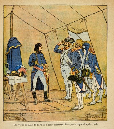 رسم إيضاحي لبومبلد لويس (1862-1927) من كتاب "نصب تذكاري لسانت هيلين" للكونت إيمانويل دي لاس كيس (1766-1842): الجنود القدامى في الجيش الإيطالي المسمى بونابرت عريف بعد معركة لودي عام 1796 ، خاص مجموعة بواسطة تفجير لويس تشارلز