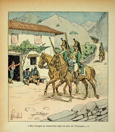 رسم إيضاحي لبومبلد لويس (1862-1927) من كتاب "ذكرى سانت هيلين" للكونت إيمانويل دي لاس حالات (1766-1842): القوات الفرنسية أثناء الحرب الإسبانية ، مجموعة خاصة بواسطة تفجير لويس تشارلز